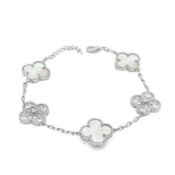 Large White and CZ Clover Bracelet Silver S925