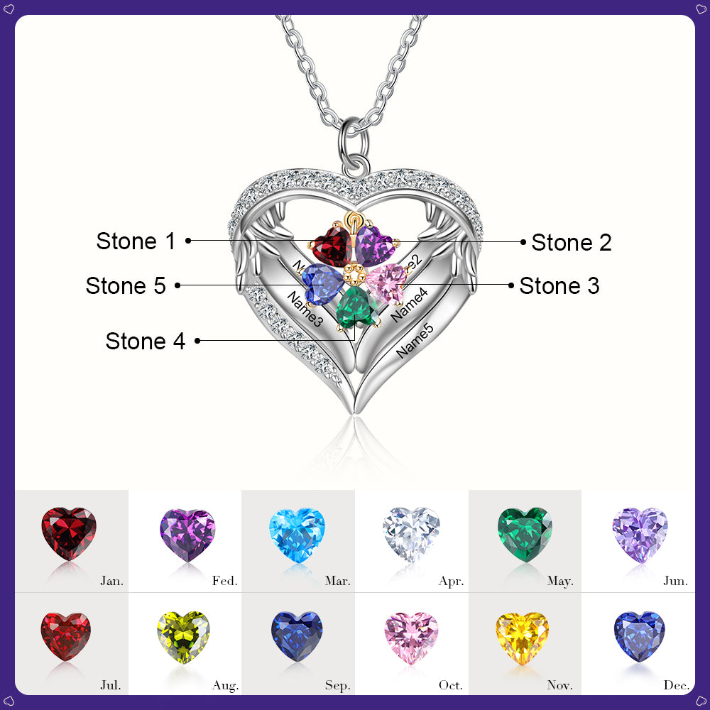 Birthstone Heart Shape Pendant Necklace 1 to 6 Names