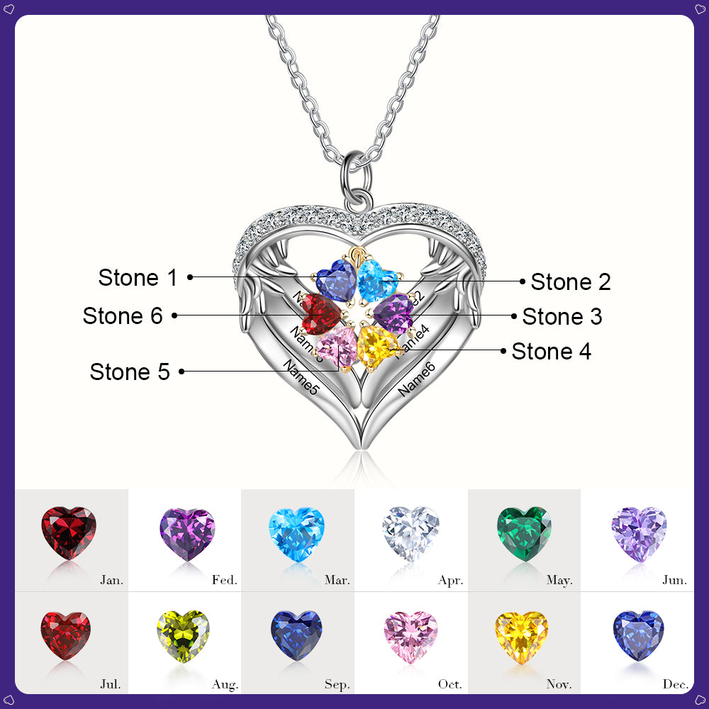 Birthstone Heart Shape Pendant Necklace 1 to 6 Names