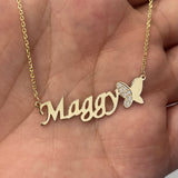 Butterfly Diamond Name Necklace Solid Gold